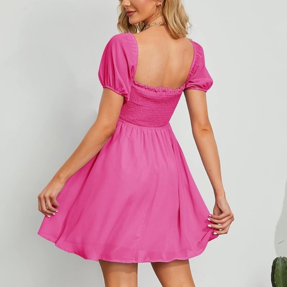 Byinns Women's Sweetheart Neckline, Smocked, Puff Short Sleeve Drawstring Dress - Picture 4 of 6